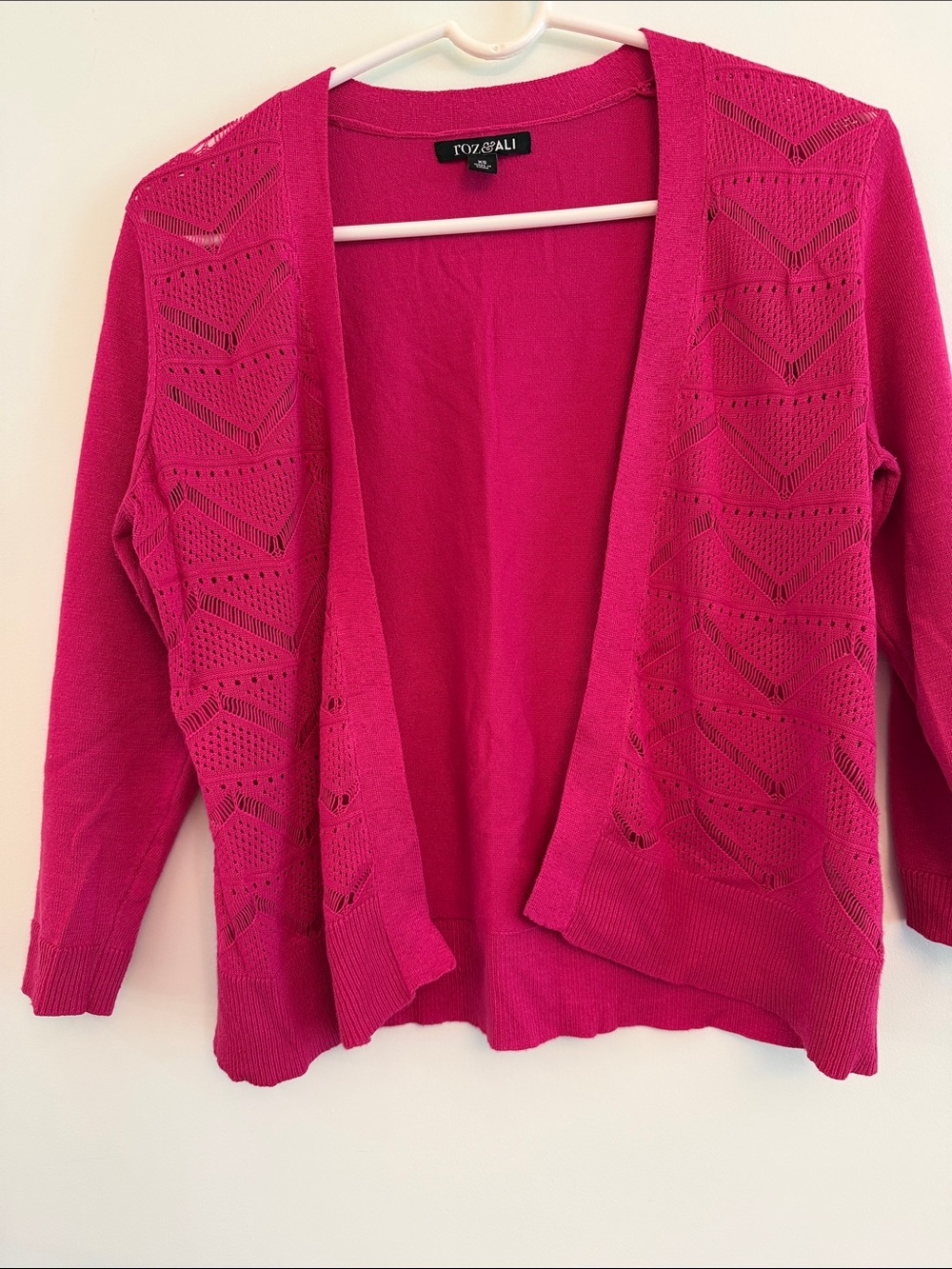 Roz & Ali Fuchsia Open-Front Knit Cardigan